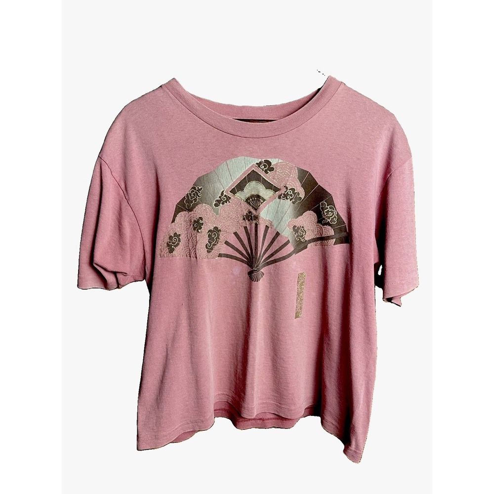 Vintage Pink Graphic Tee Shirt Womens Large L Asian Folding Fan Glitter Crop